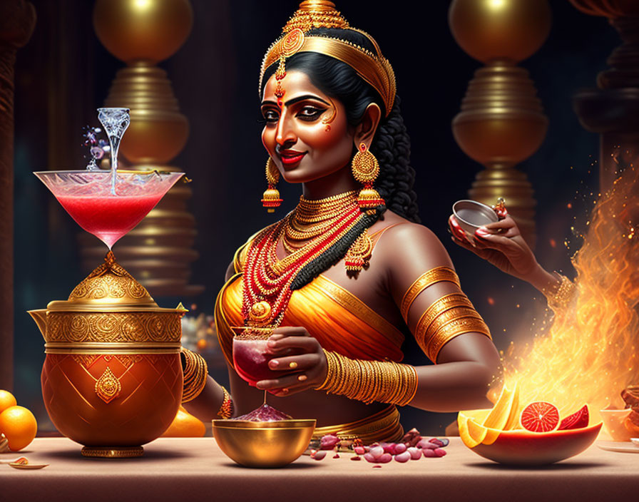 Traditional Indian woman in festive setting with diya, fruits, and beverage.