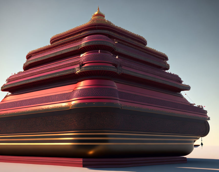 Stylized multi-tiered pagoda in red and gold tones