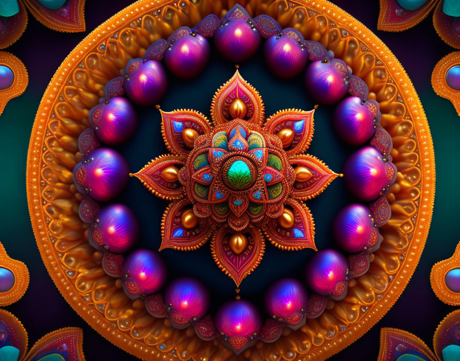 Colorful Mandala Design with Turquoise Center and Purple Spheres on Dark Background