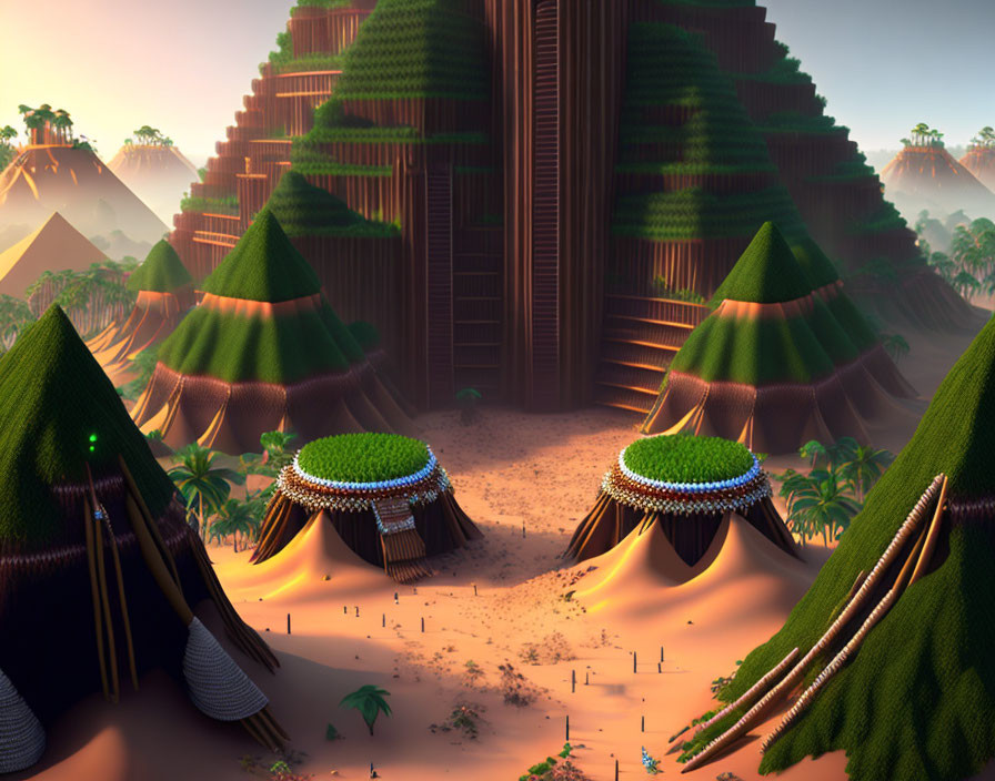 Symmetrical tiered mountain landscape with huts and lush greenery.