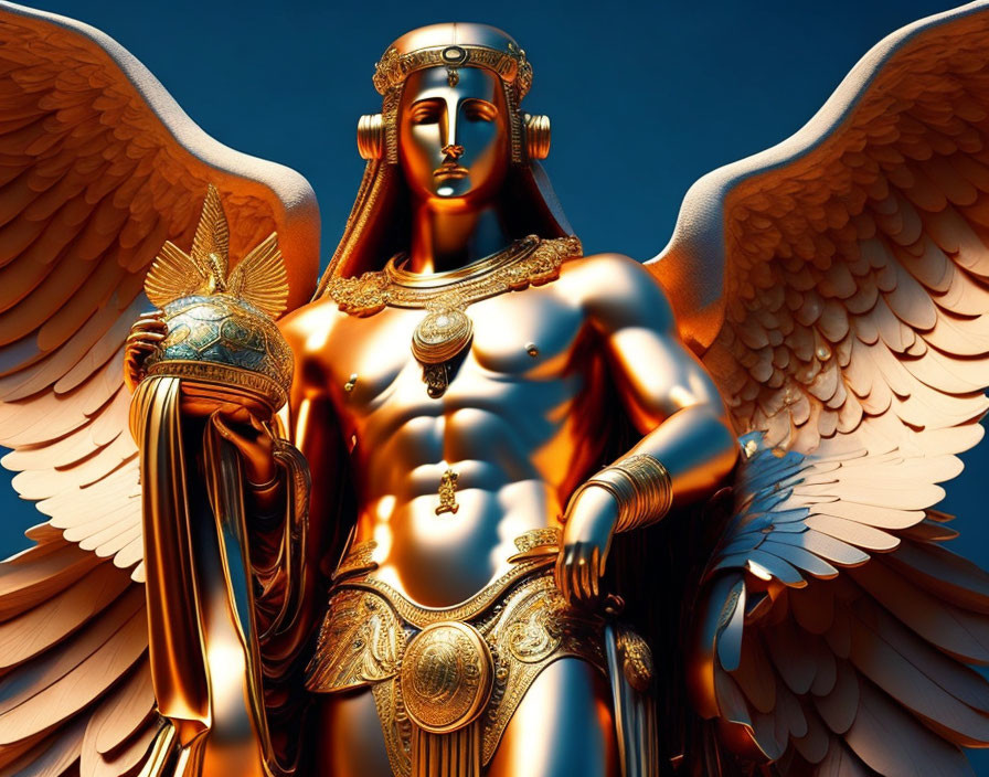 Golden winged humanoid figure with crown and scepter in regal attire.