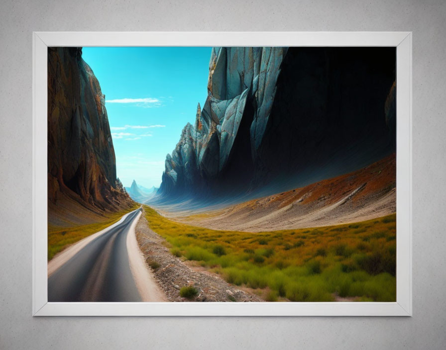 Rocky landscape with winding road and cliffs in framed picture