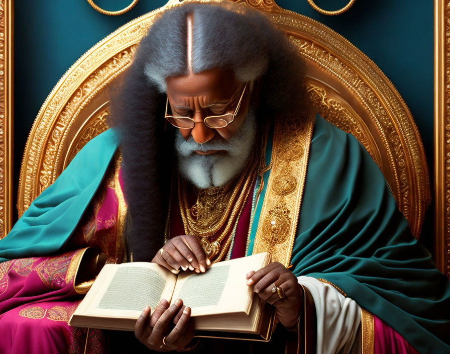 Elderly man in ornate robes reading book on throne-like chair