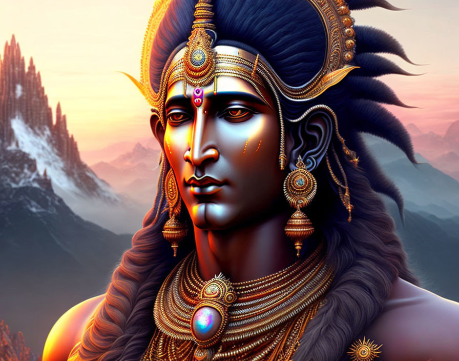 Detailed Blue-Skinned Hindu Deity Against Mountainous Background