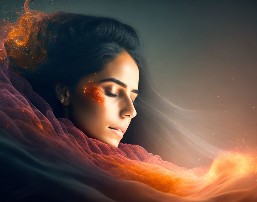 Fiery-haired woman in orange fabric on mystical backdrop