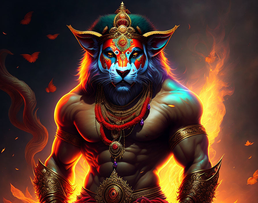 Blue anthropomorphic lion in golden jewelry, engulfed in flames and leaves.