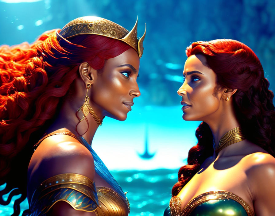 Stylized animated warrior women with ornate crowns and armor by serene ocean