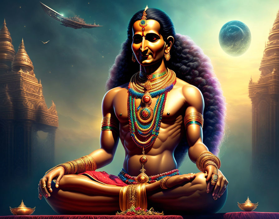 Mythological figure with multiple arms in meditation with temples and celestial bodies.