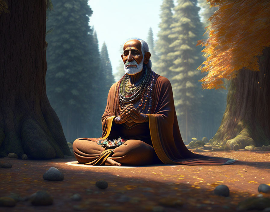 Elderly Bearded Man Meditating in Sunlit Forest with Prayer Beads and Flower Offering