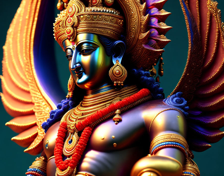 Blue-skinned deity in regal attire on deep green background