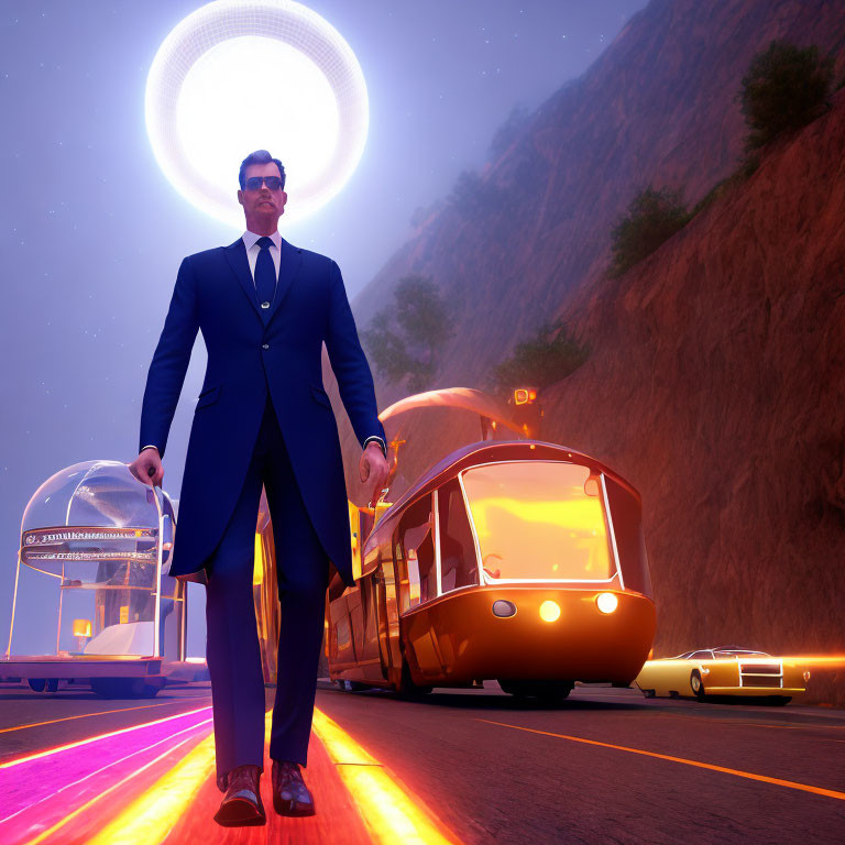 Man in suit on futuristic neon-lit road with hovering bus and vehicles under evening sky with glowing ring