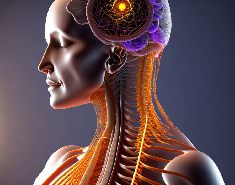 Human profile digital illustration showcasing nervous system with glowing neural pathways