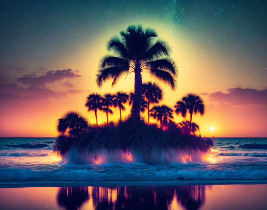 Tranquil beach scene at sunset with silhouetted palm trees against vibrant sky and starry