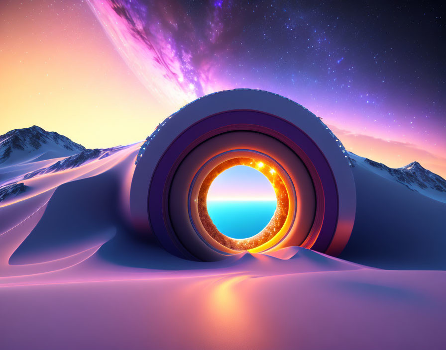 Surreal landscape with fiery circular portals, snowy mountains, and starry sky