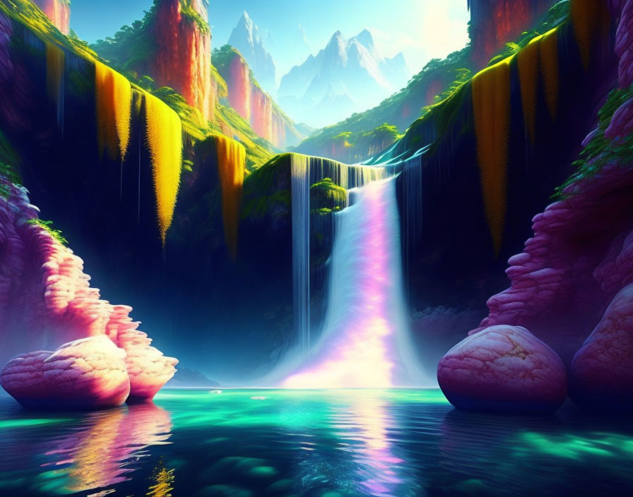 Fantasy landscape digital painting with waterfall and colorful flora