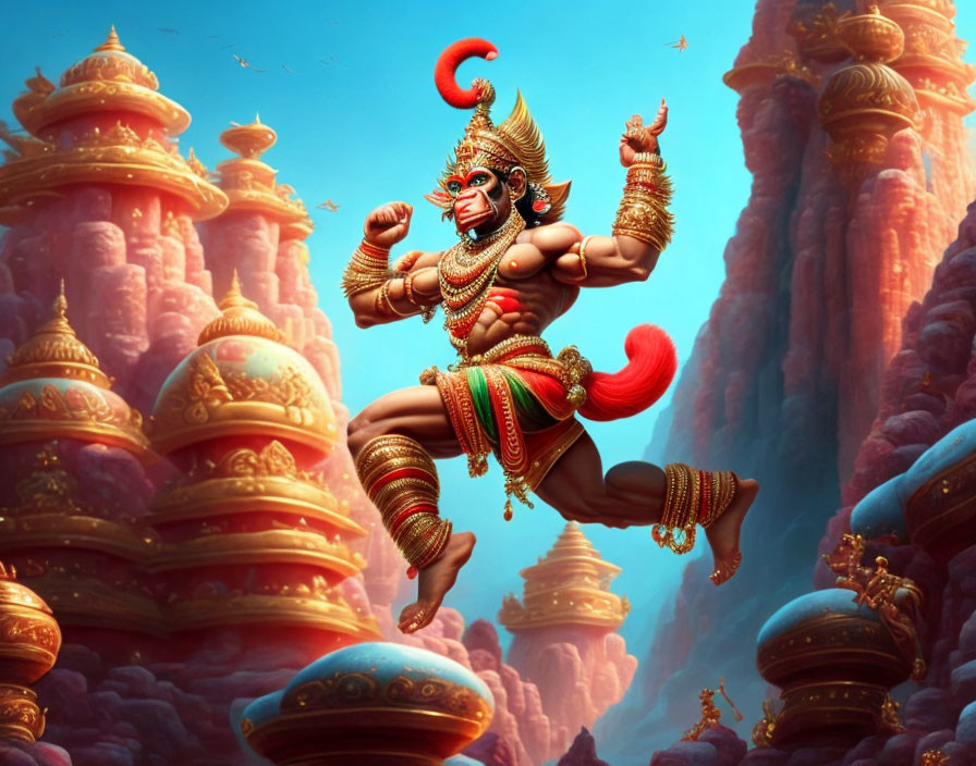 Colorful Hanuman illustration in midair with mountain landscape and temples.