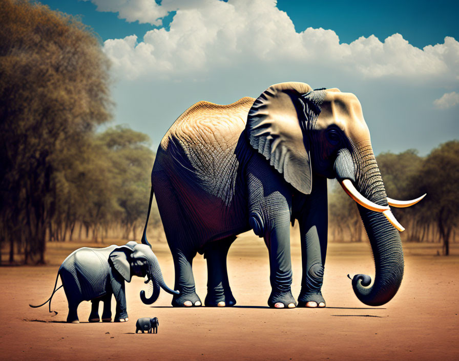 Adult elephant and two calves walking in savanna under clear sky