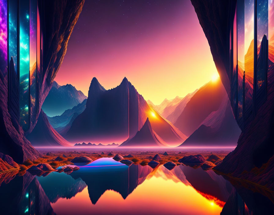 Majestic mountains, serene lake, colorful sky in fantasy landscape