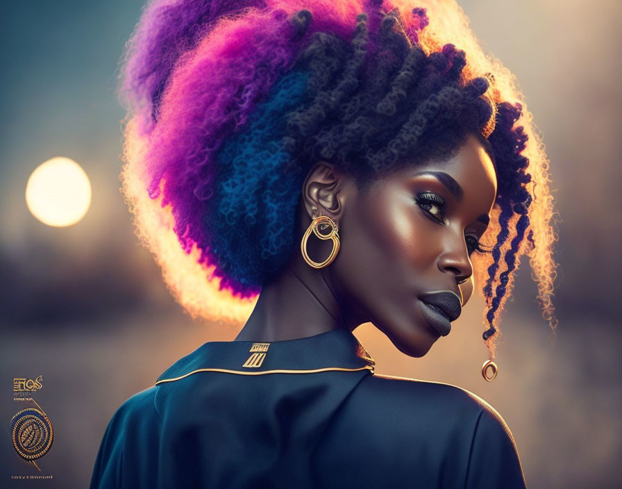 Colorful Afro Hair Portrait Against Sunset Background