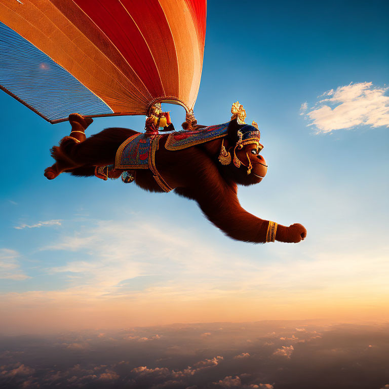 Mythical Hanuman flying with hot air balloon at sunset