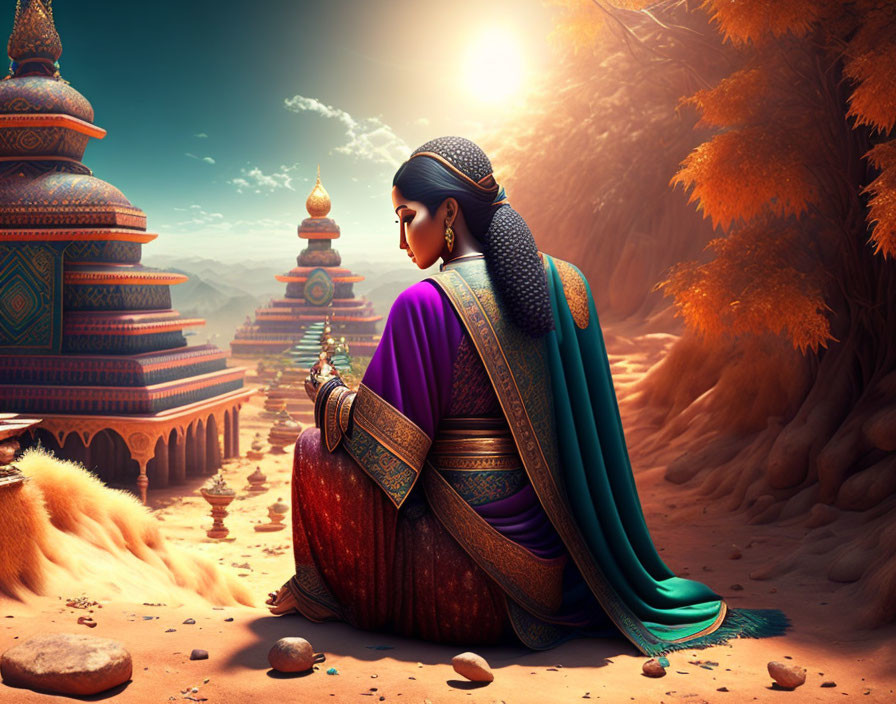 Illustrated woman in traditional Indian attire in fantastical desert landscape