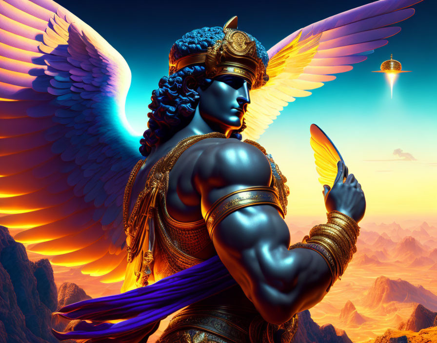 Blue-skinned angelic figure in golden armor with feather, against sunset sky.