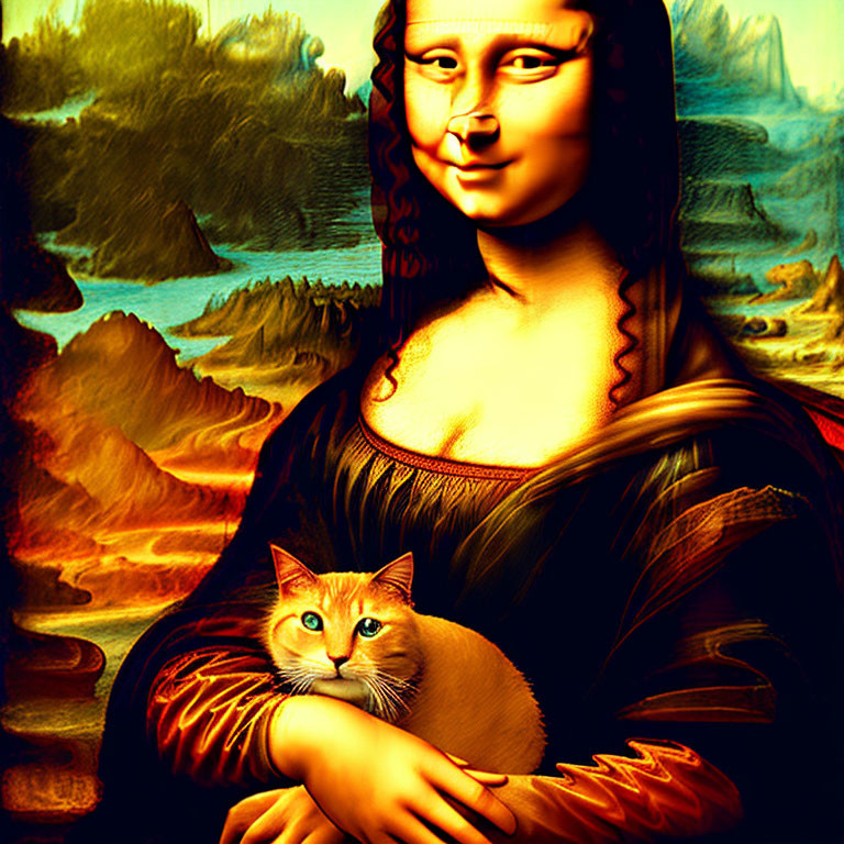 Stylized Mona Lisa with orange cat and surreal background