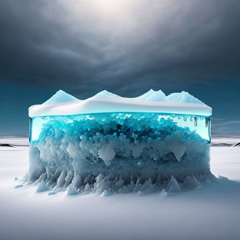 Cross-Section of Iceberg in Ocean Under Cloudy Sky