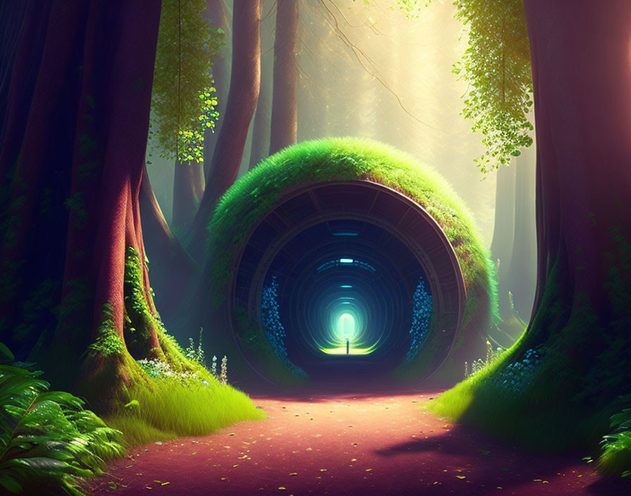 Enchanting forest scene with tall trees and sunlit path leading to glowing tunnel