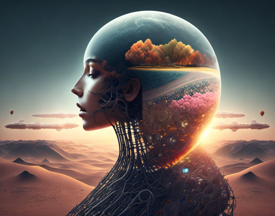 Surreal artwork: Woman's profile with glass dome head, vibrant landscape, floating islands.