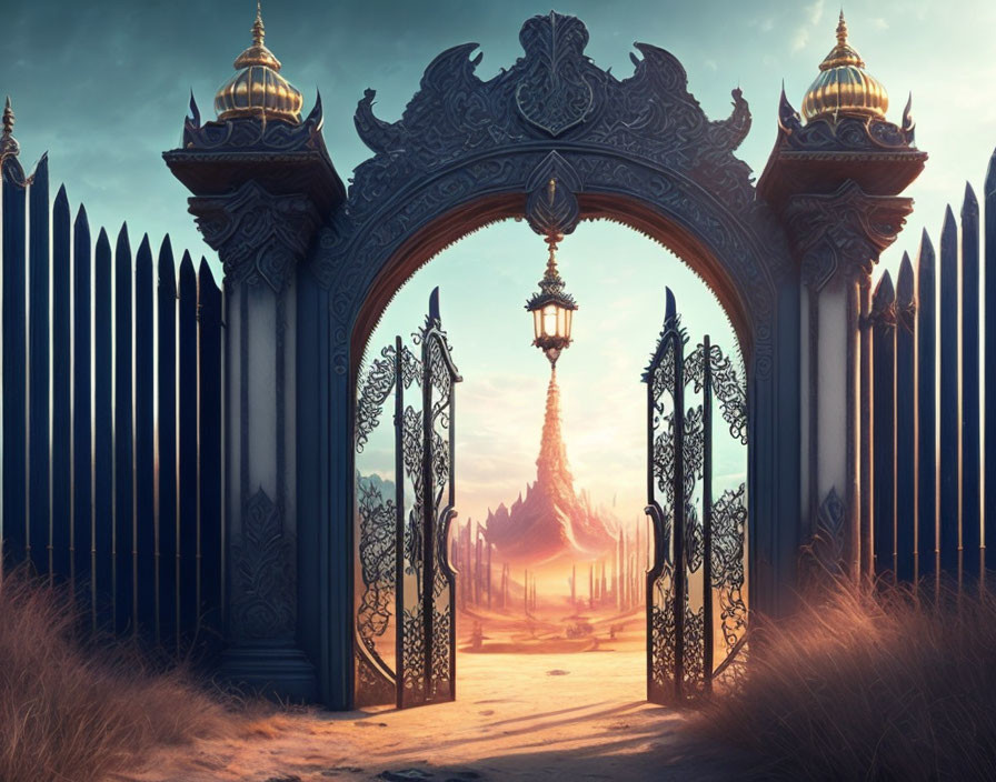 Fantasy palace gate under twilight sky with spires and metal fences