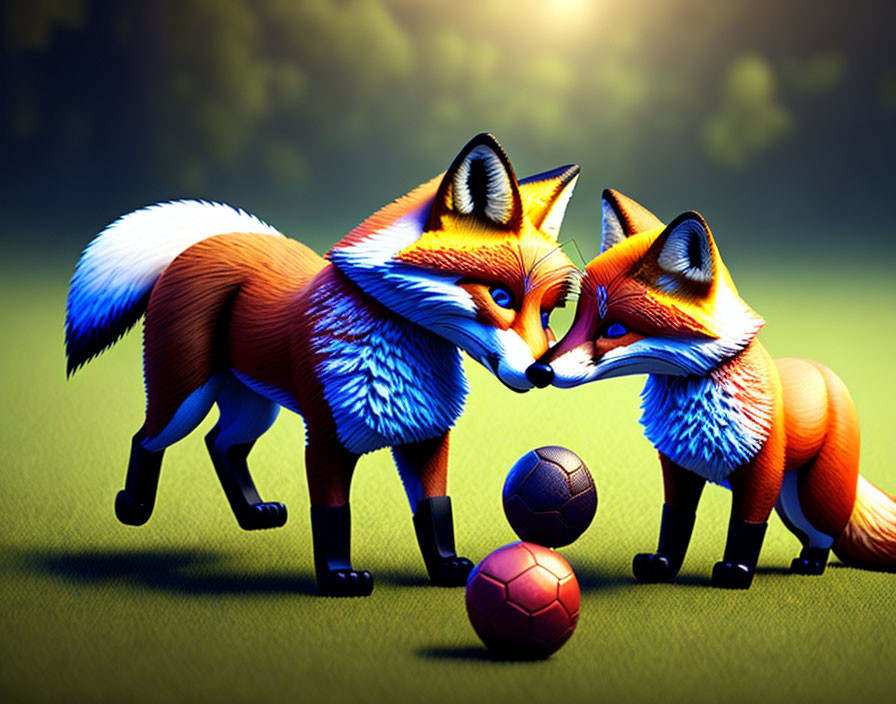 Stylized animated foxes playing soccer on grass under spotlight