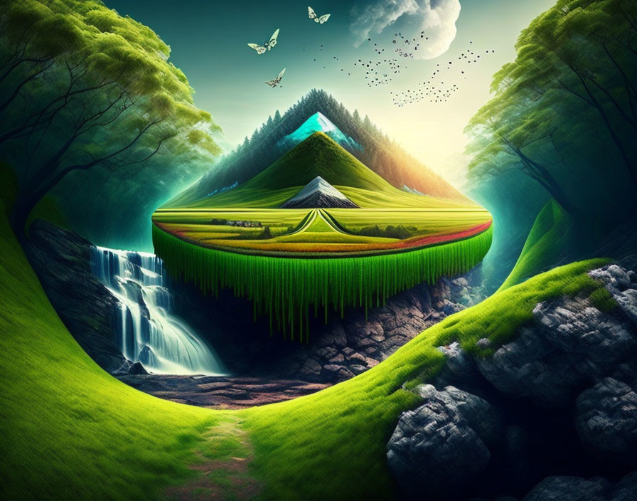 Surreal floating island with waterfall, greenery, pathway, butterflies, and birds