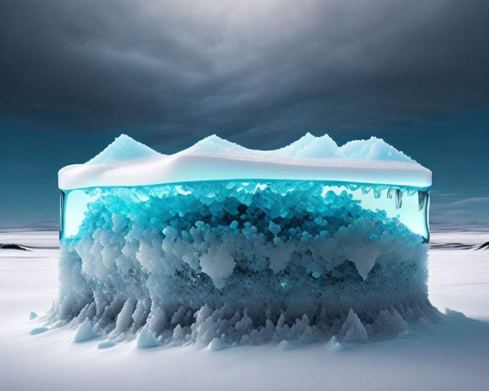 Cross-Section of Iceberg in Ocean Under Cloudy Sky