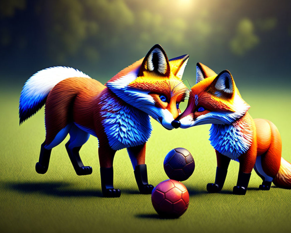 Stylized animated foxes playing soccer on grass under spotlight