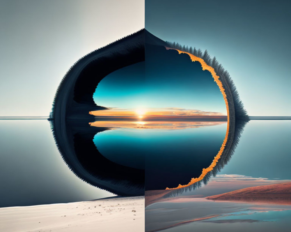 Surreal seascape split and mirrored with central circular sunset.