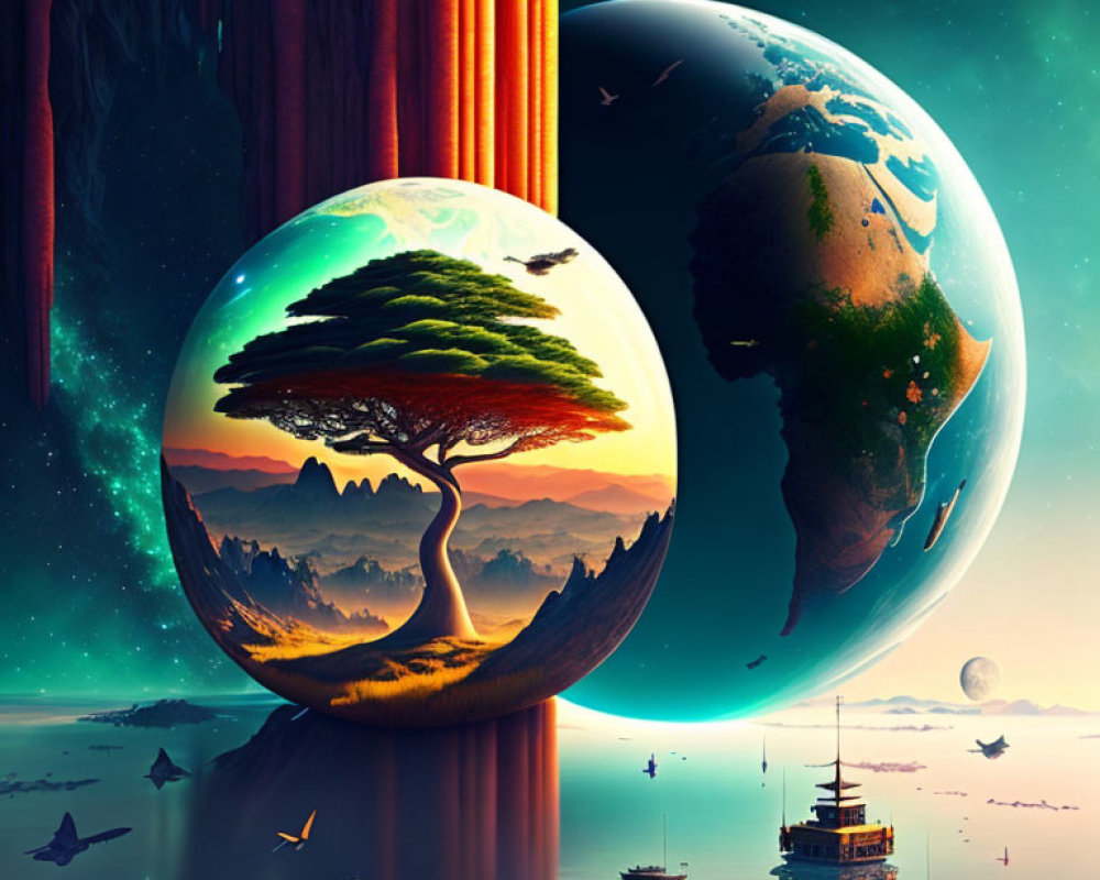 Surreal artwork of multiple planets, landscapes, tree, cliff, waterfalls, ships, and