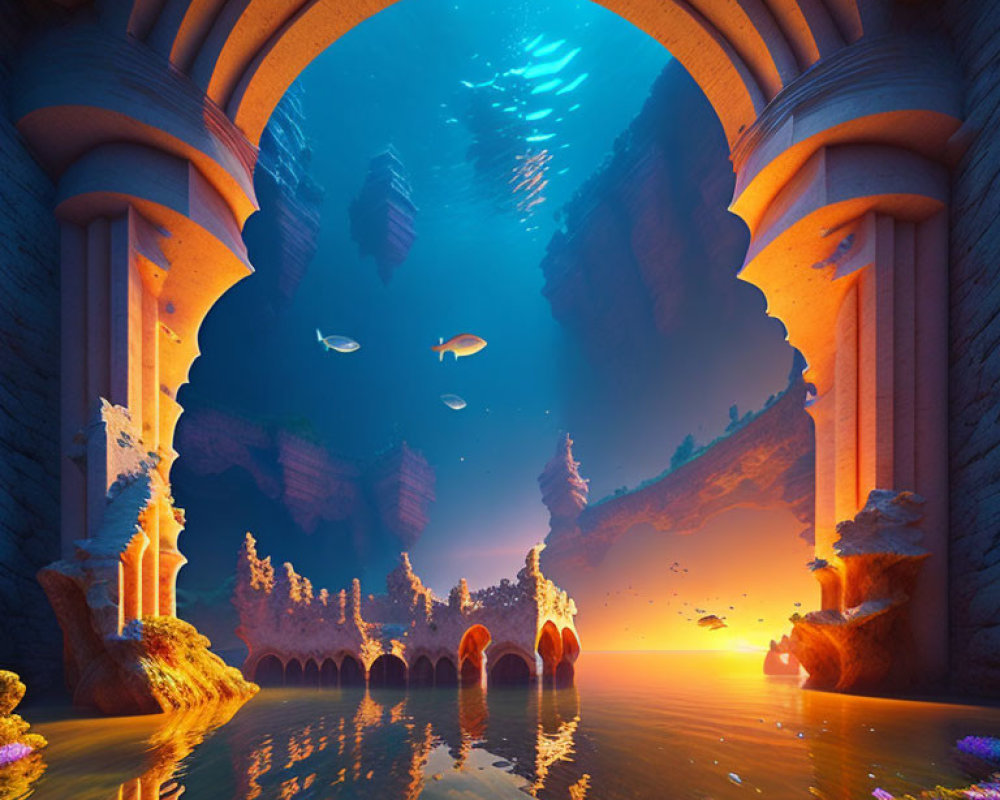 Surreal underwater cave with ocean view and sunset glow