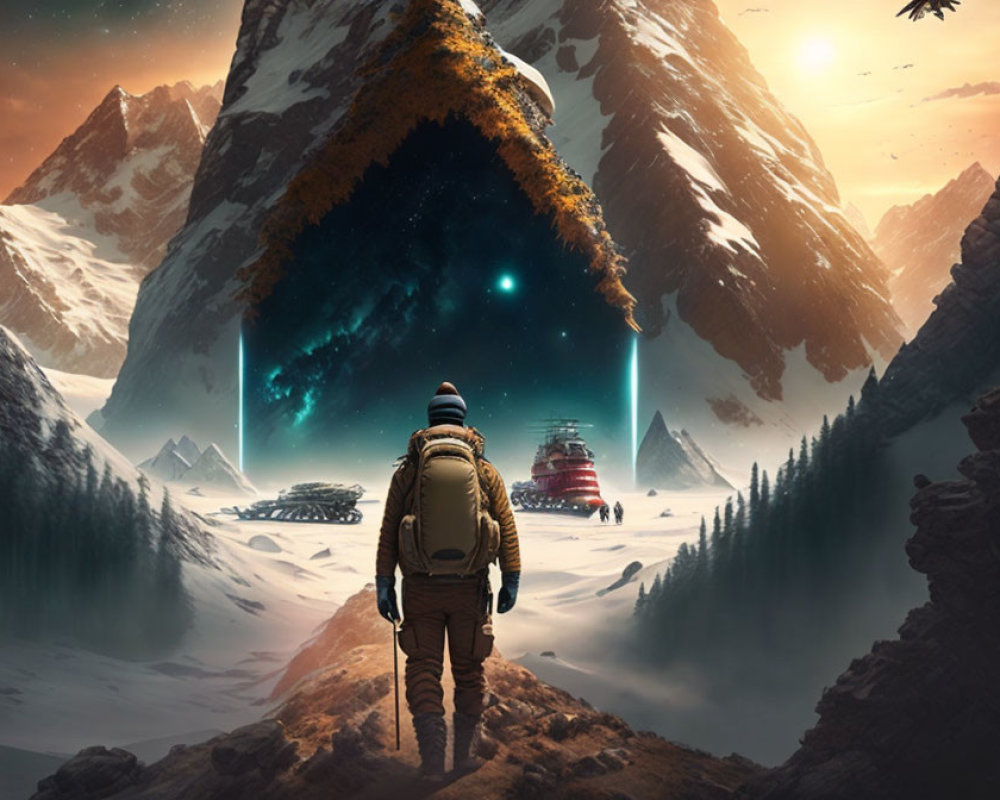 Mysterious glowing portal in snowy mountain landscape