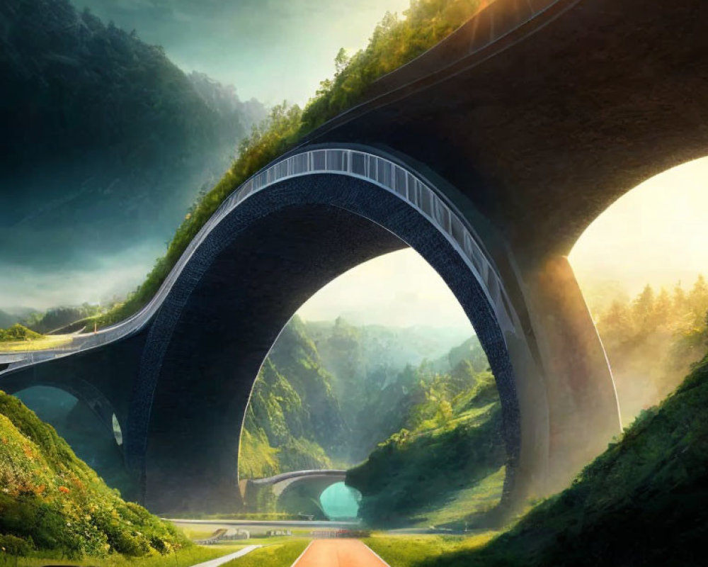 Futuristic multi-level bridge over lush green valley with vehicles below