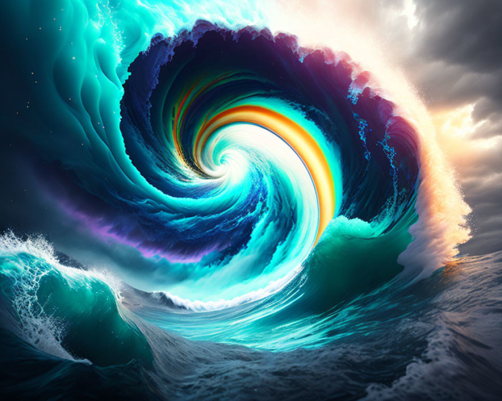 Surreal digitally enhanced wave spiral with vibrant colors