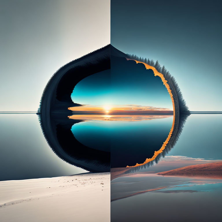 Surreal seascape split and mirrored with central circular sunset.