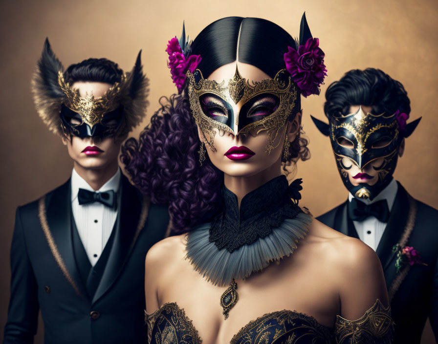 Three individuals in ornate masks and elegant attire with feathered neckpiece and eye makeup.