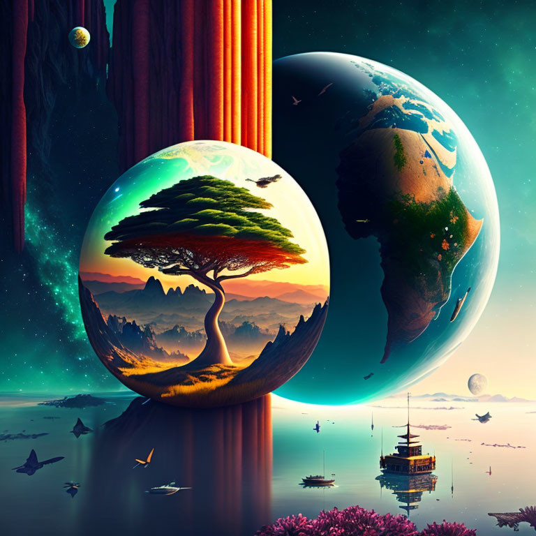 Surreal artwork of multiple planets, landscapes, tree, cliff, waterfalls, ships, and