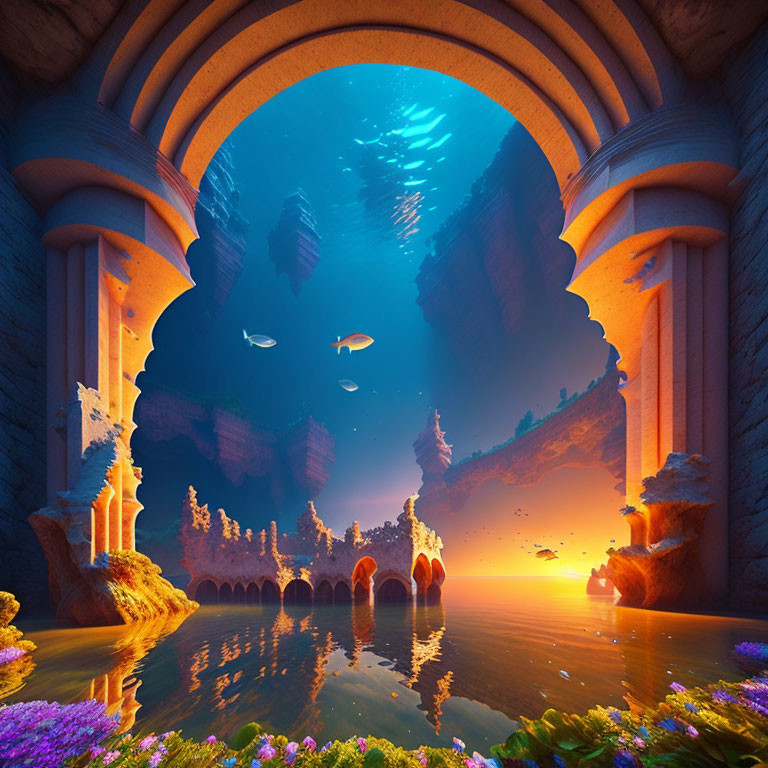 Surreal underwater cave with ocean view and sunset glow