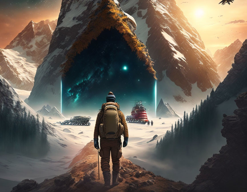 Mysterious glowing portal in snowy mountain landscape