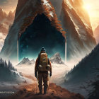 Mysterious glowing portal in snowy mountain landscape