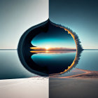 Surreal seascape split and mirrored with central circular sunset.