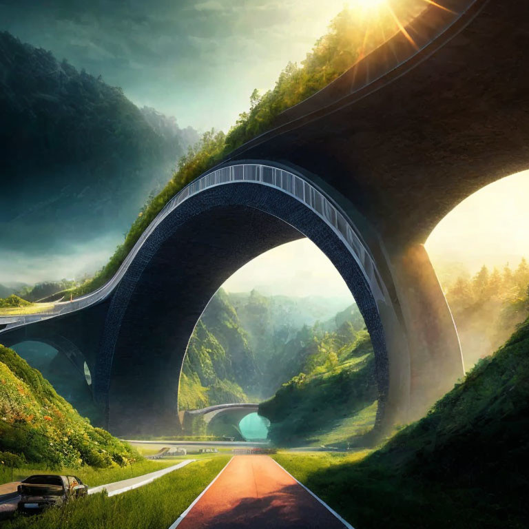 Futuristic multi-level bridge over lush green valley with vehicles below