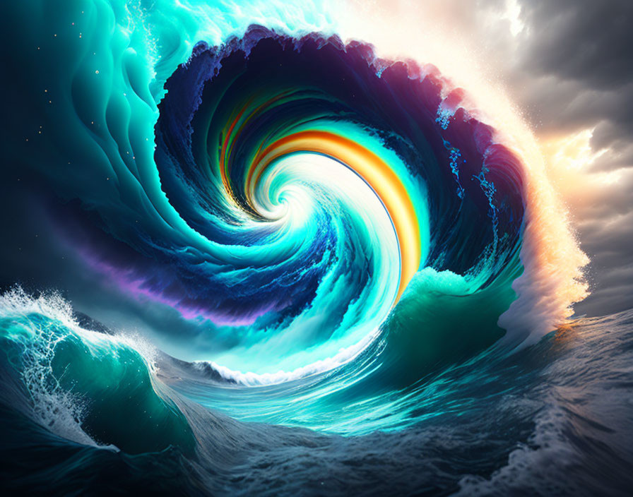 Surreal digitally enhanced wave spiral with vibrant colors